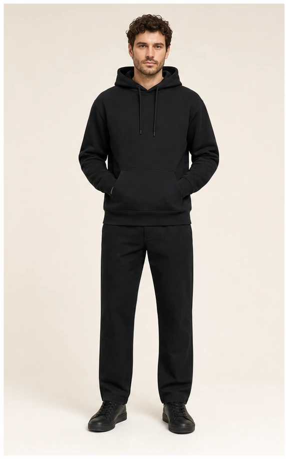 Hoodie bedrukken met logo of ontwerp in zwart, vooraanzicht op model