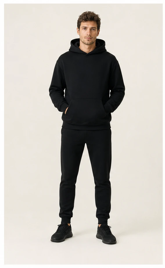 Hoodie met capuchon en zwarte broek in zwart, vooraanzicht op model