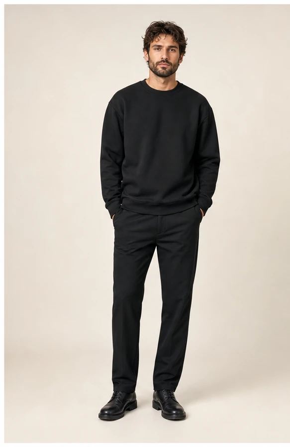 Sweater bedrukken met eigen ontwerp in zwart, vooraanzicht op model