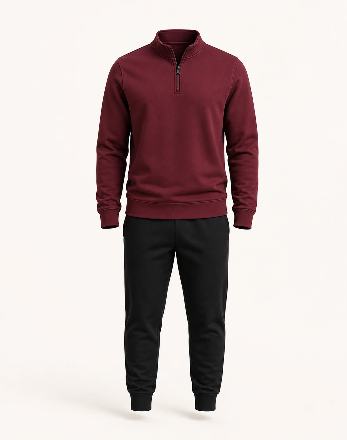 Bordeaux half-zip sweater en zwarte broek